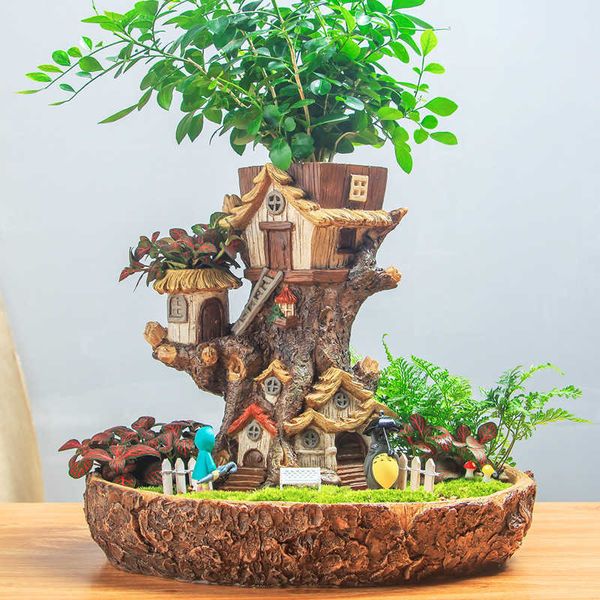 Modern Fairy Garden Miniatura Stump Resin Flower Pot Cartoon Treehouse Escultura Suculenta Plantador Varanda Planta Flowerpot Y200709