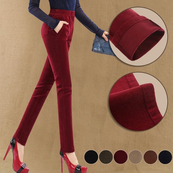 

women's pants & capris casual corduroy women high waist slim feet pencil plus size elastic stretch straight trousers, Black;white