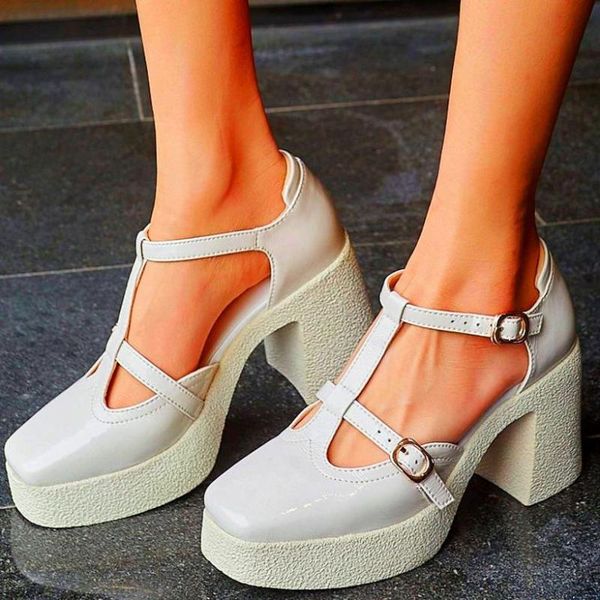 

dress shoes platform pumps women's genuine leather mary janes square toe strap buckle high heels sandals nightclub 34 35 36 37 38 39, Black
