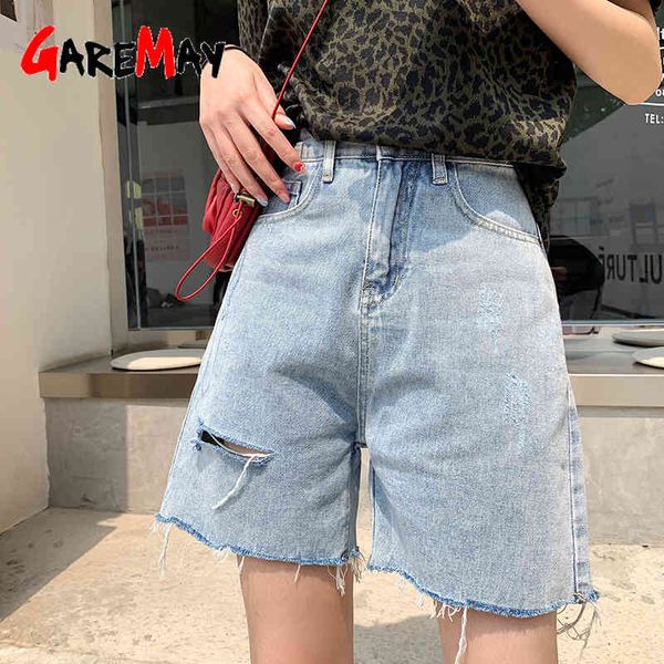 Verão rasgado denim shorts para mulheres casuais solta larga perna luz azul vintage coreano cintura alta femme longo 210428