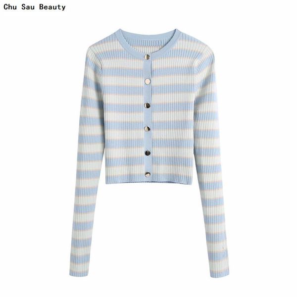 

women's knits & tees chu sau beauty 2021 fashion striped stretch knit jacket spring and autumn retro long sleeve ladies short top, White