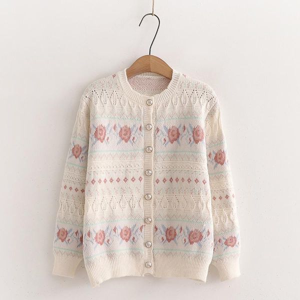 

women's knits & tees 2021 autumn korean sweet floral print cardigan women elegant hollow out single button knitted sweater female jumpe, White