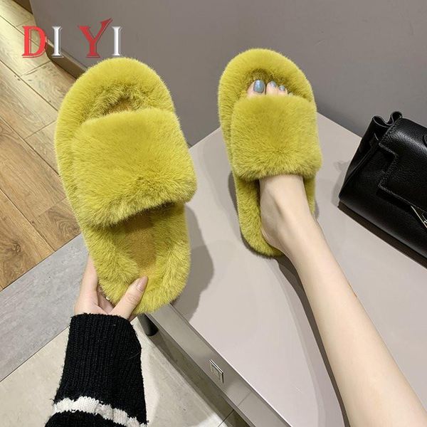 

open toe woman plush slippers snug keep warm women's slip on faux fur female slipper lightweight ladies home shoes e48, Black