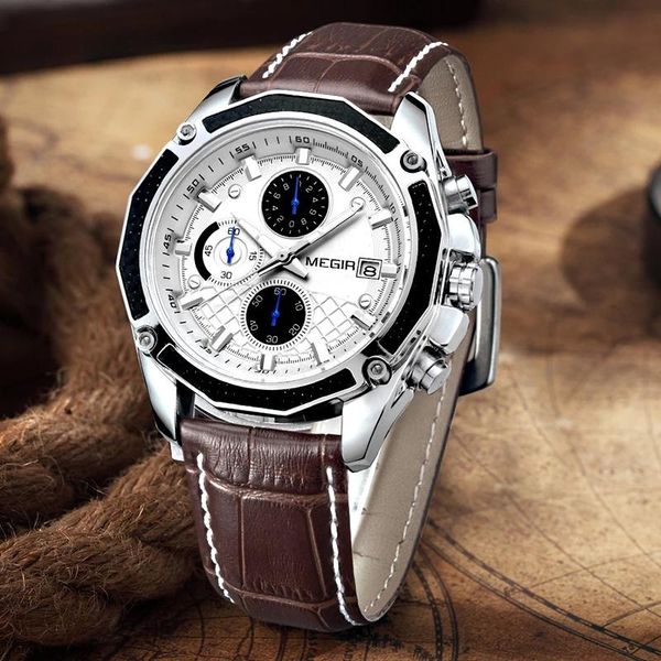 

wristwatches megir fashion leather strap quartz men watches casual date business male homme montre clock, Slivery;brown