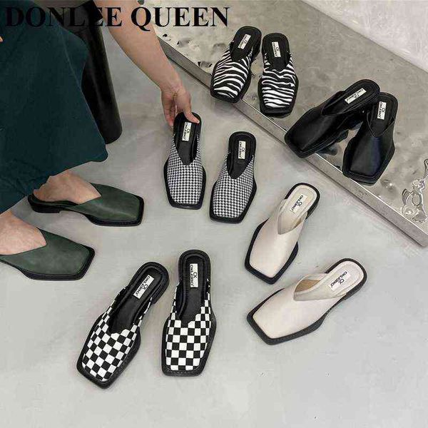 

slippers brand designer women slippers fashion zebra gingham mules flat heels square toe shallow shoes outdoor slide female casual sandal 22, Black