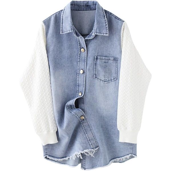 

women's jackets [ewq] 2021 spring female turn down collar single breasted minimalist solid color patchwork knit sleeve cardigan denim c, Black;brown