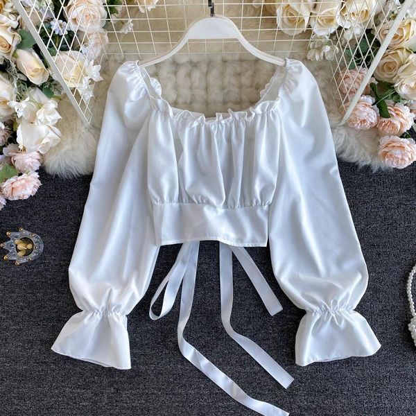 

square collar blouse of girl early autumn the bind all accept waist short brim hubble-bubble sleeve shirt women's blouses & shirts, White