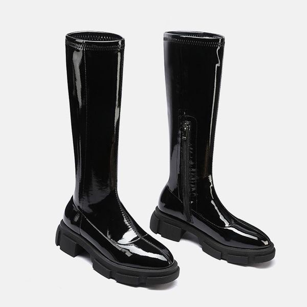 

boots 2021 autumn women's casual knee-high high pu leather round toe square heel platform riding zipper, Black