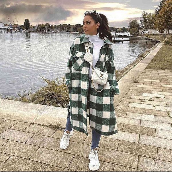 

blends 2021 oversized coat checked casual fashion chic women jackets long windbreaker outfits, Black