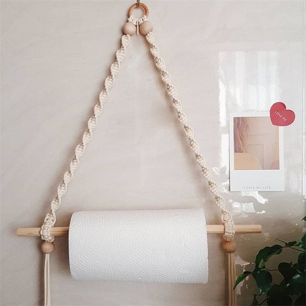 2Pcs Nordic Macrame Wall Hanging Wooden Stick Toilet Paper Holder Towel Hanger Decor 2138 V2