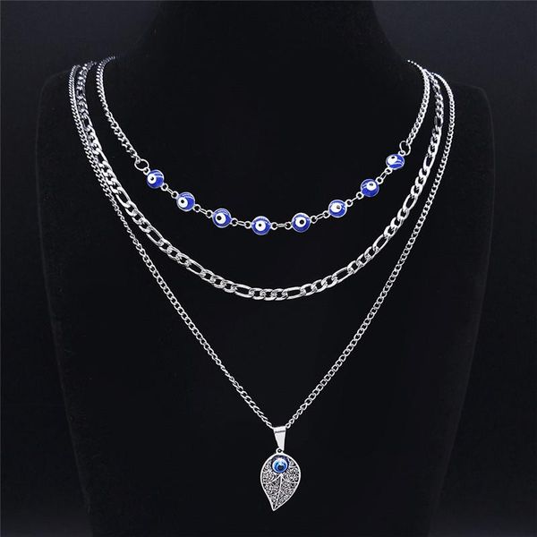 

pendant necklaces 3pcs stainlessÂ steel layer necklace chain for women blue turkey eye leave charm jewelry bijoux femme n1702s04, Silver
