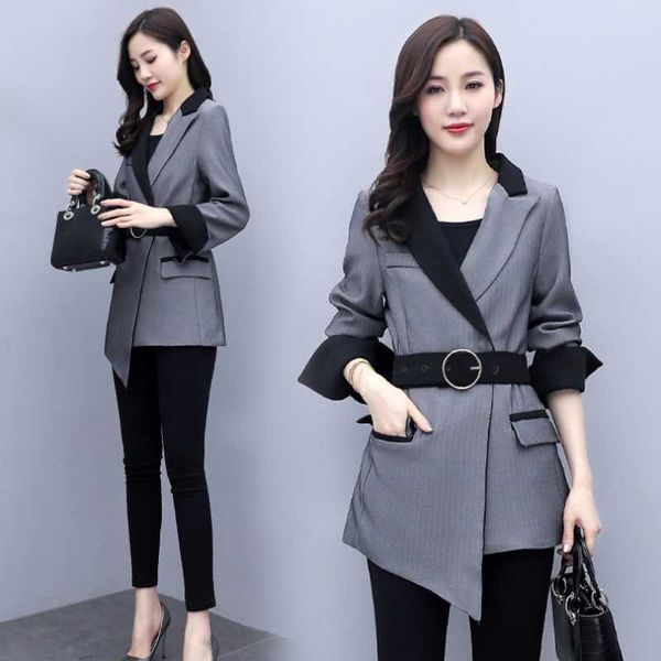 

women's suits & blazers women fashion blazer notched long sleeve gray striped suit coat ladies outerwear, White;black