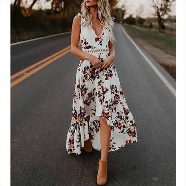 

deep v neck backless women dresses summer floral print bohemian maxi hollow out irregular long vestidos, Black;gray
