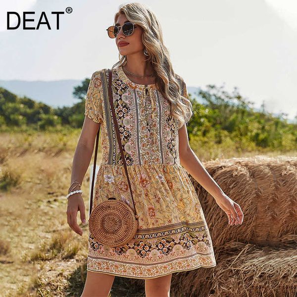 

[deat] summer fashion round neck high waist short sleeve printing loose bohemian style mini dress women 13c651 210527, Black;gray