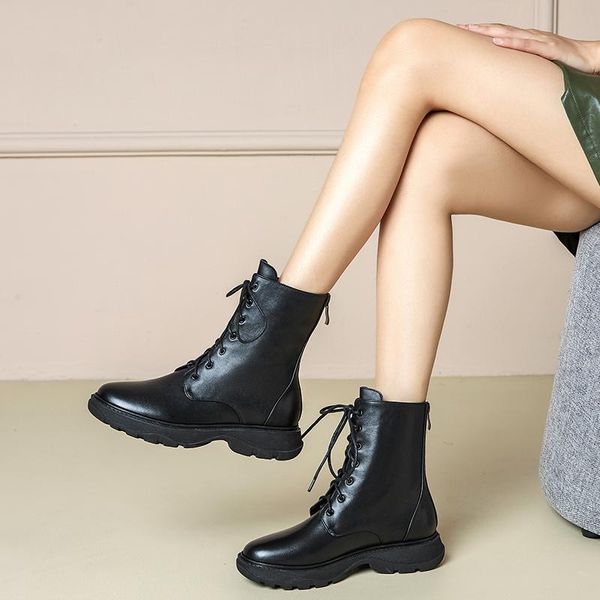 

boots leather low-heeled nude 2021 women's wild wedge ankle thick-soled winter, Black