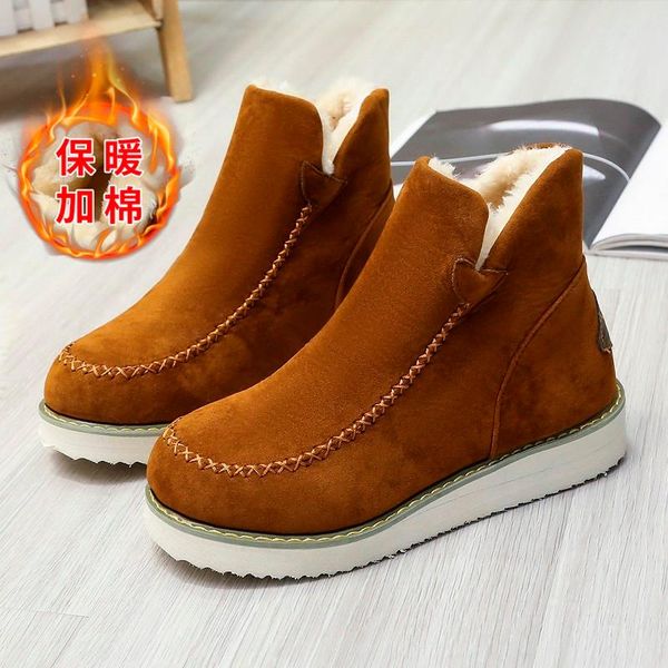 

boots anti-ski winter women's snow round toe ankle warm plush 2021 black beige brown flats shoes female slip-on