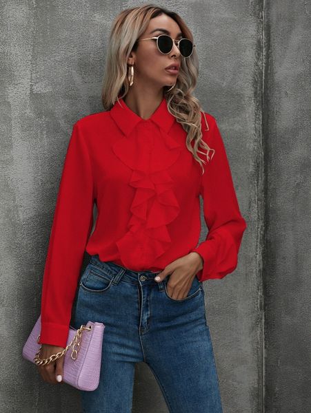

ruffle trim button up blouse g4mn#, White