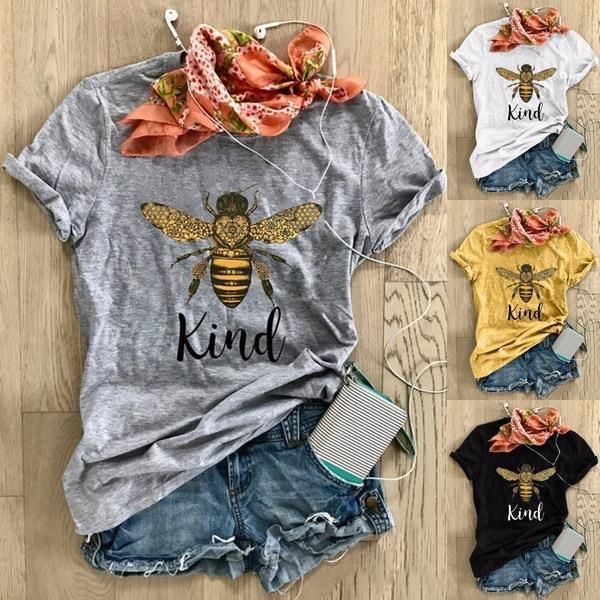 

bee flower kawaii print fashion women t shirt graphic cute plus size style bohemia tees female, White
