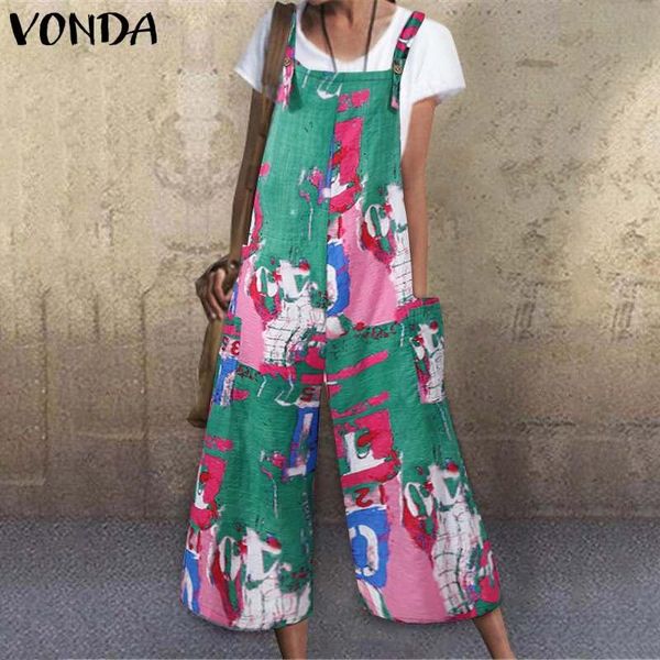

women's jumpsuits & rompers vonda sleeveless women vintage printed wide leg pants long trousers pantalon femme plus size playsuits, Black;white