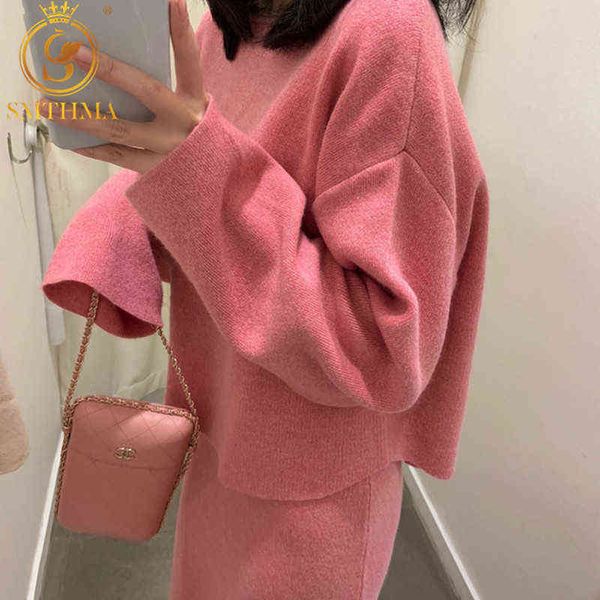 

hma women long sleeve pullover sweater and bodycon skirt two piece set office wear knitted outfits sweater skirt suit 211119, White