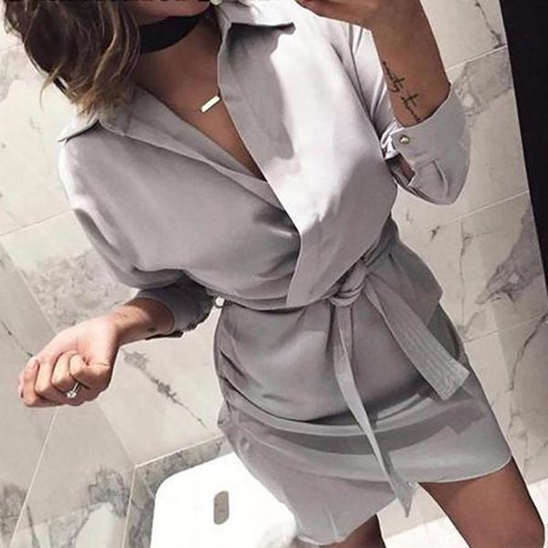 

casual dresses shirt women summer autumn dress office turn-down long sleeve bandage elegant vestidos, Black;gray