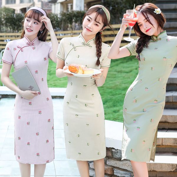 

rose embroidery handmade button cotton knee-length qipao traditional chinese women short sleeve dress daily cheongsam, Red