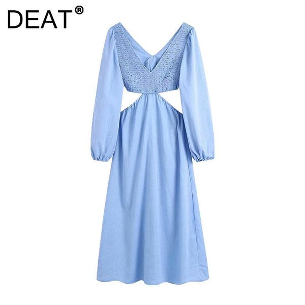 

casual dresses [deat] 2021 summer fashion tide v-neck high waist ankle-length hollow out solid color loose dress women 13z567, Black;gray