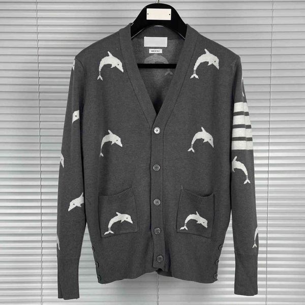 

men's cardigan tb thom luxury brand wool v-neck stripe dolphin jacquard sweater korean fashion knitted outwear, White;black