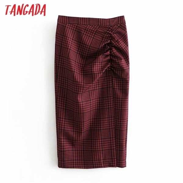 Tangada mulheres vermelhas xadrez midi saia faldas mujer zipper vintage escritório senhoras elegante chique mid bezerro saias qn12 210702