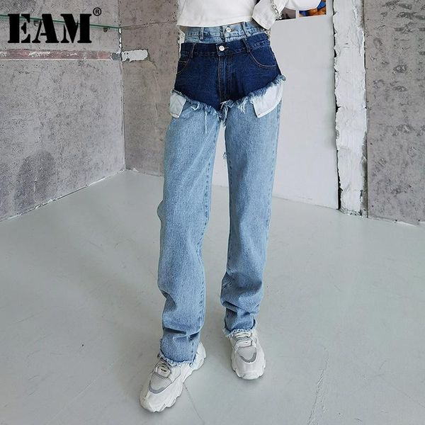 

[eam] high waist wide leg blue denim burrs hole spliced jeans loose women trousers fashion tide spring autumn 2021 1dd6368 women's