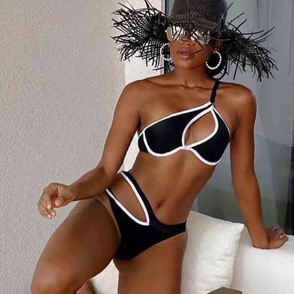 

africa bikini set one shoulder swimsuit women cut out cantrast binding bathing suits woman push up 2 piece sets womens, White;black