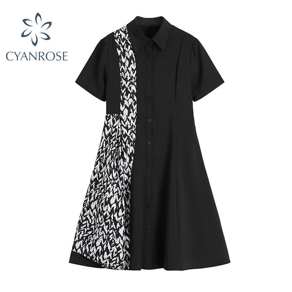 

zebra pattern patchwork lapel wommen's dresses high waist short slevee summer fashion streetwear causal female 210430, Black;gray