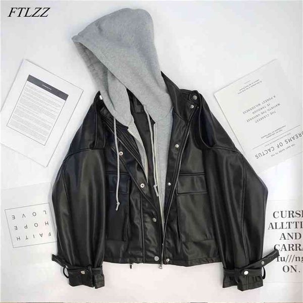 Herbst Frauen Streetwear Schwarz PU Faux Weiche Lederjacke Casual Weibliche Gefälschte 2 Stück Mit Kapuze Zipper Lose Biker Mantel 210430