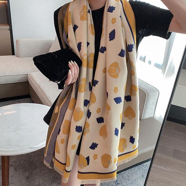

scarves 2021 autumn and winter thick warm scarf women korean version of cashmere color flower tassel shawl headscarf, Blue;gray