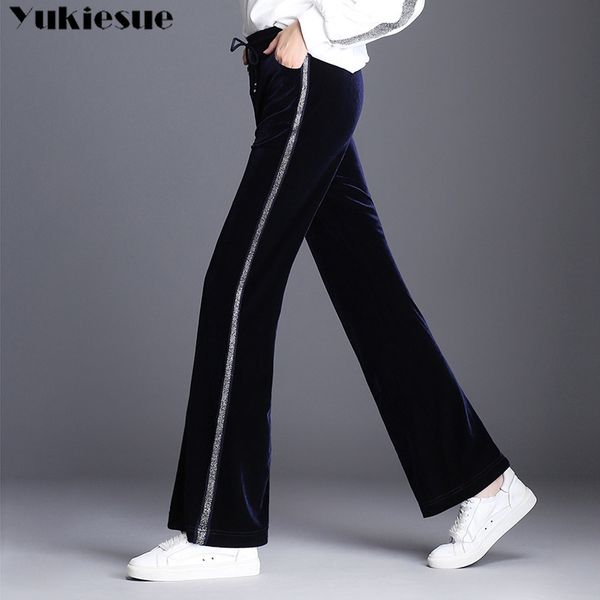 

wide leg pants for women pleuche velour high waist elastic striped patchwork ol casual long female trousers plus size 210518, Black;white
