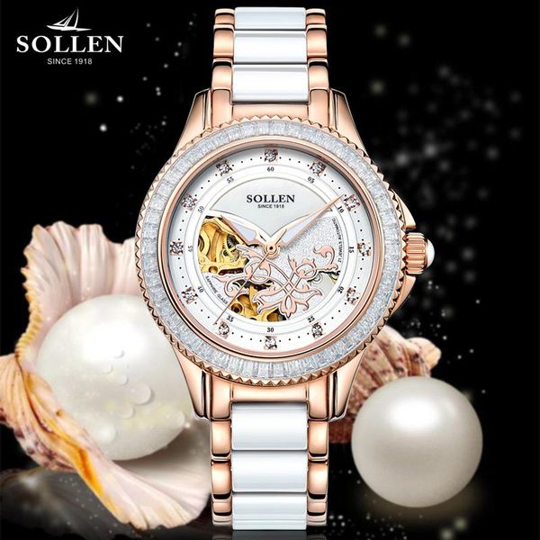 

wristwatches sollen crystal sapphire ladies stainless steel imitation ceramic automatic mechanical watch women hollow waterproof wristwatch, Slivery;brown