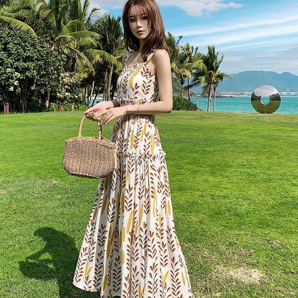 

casual dresses #3986 summer bohemian dress women vintage pleated a-line beach spaghetti strap backless stretch waist, Black;gray