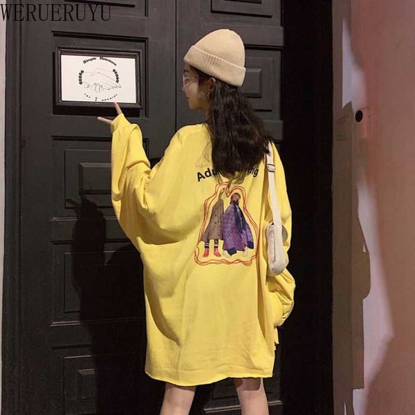 

werueruyu women's autumn fashion t-shirt mid-length round neck printed long-sleeved loose shirt women 210608, White