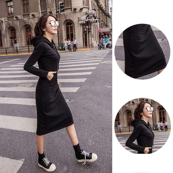 

casual dresses black for women fashion slim solid color knee length dress with pocket loose causal hoodie sweatshirt, Black;gray