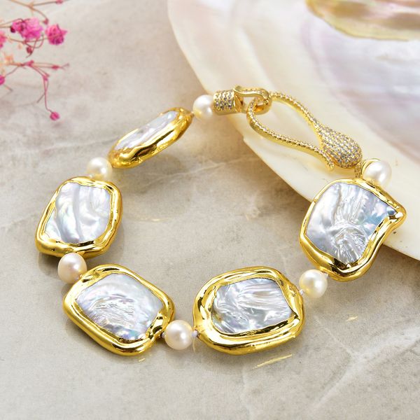 

guaiguai jewelry white square keshi pearl gold plated bracelet for women real lady fashion jewellry, Black