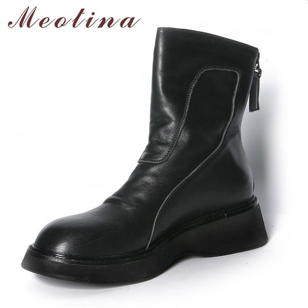 Meotina Plataforma de Couro Genuíno Calcanhar Médio Botas de Ankle Mulheres Sapatos Zipper Chunky Heels Botas Curtas Femininas Outono Inverno Preto 40 210520