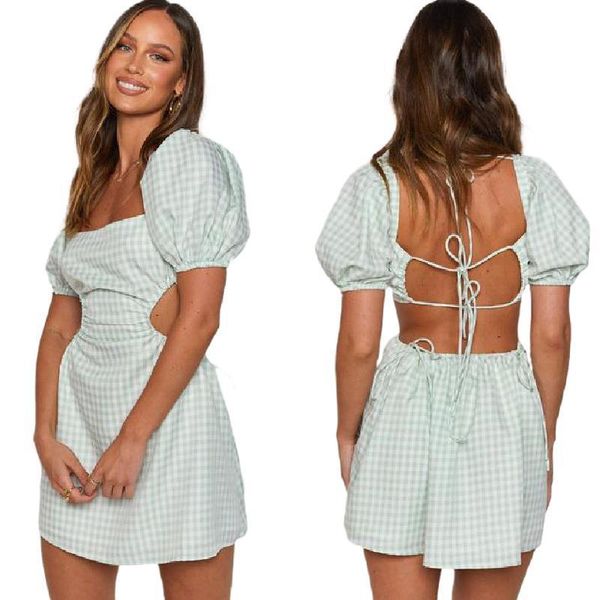 

summer backless temperament women solid color square collar lace-up hollow out puff sleeve a-line dresses femme robe 210423, Black;gray