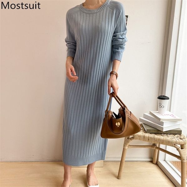 

korean knitted women long sweater dress autumn full sleeve o-neck solid fashion straight dresses casual ladies vestidos 210518, Black;gray
