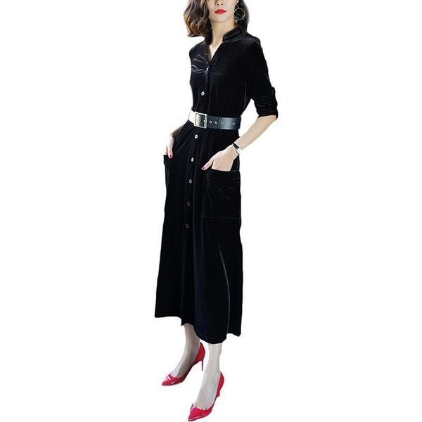 

casual dresses women gold velvet dress spring autumn elegant single breasted pocket 2021 v-neck long sleeve ol vestidos d160, Black;gray