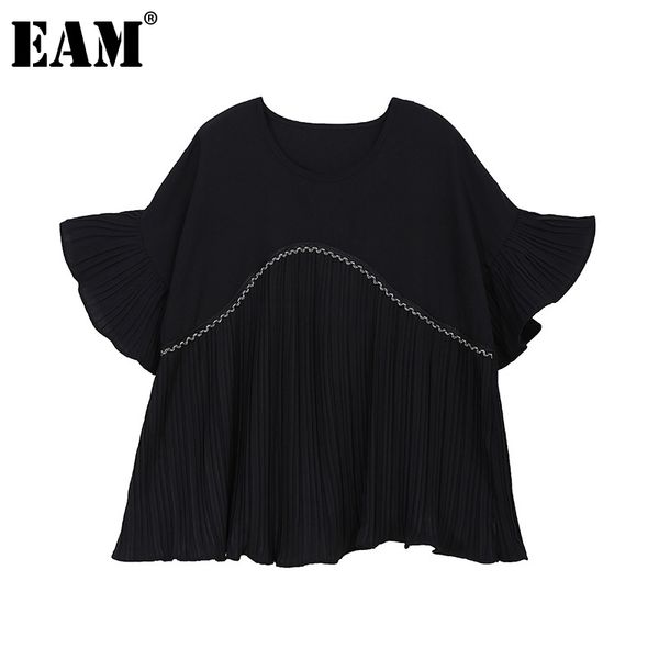 

[eam] women black white pleated ruffles big szie t-shirt round neck half sleeve fashion spring summer 1dd8702 210512