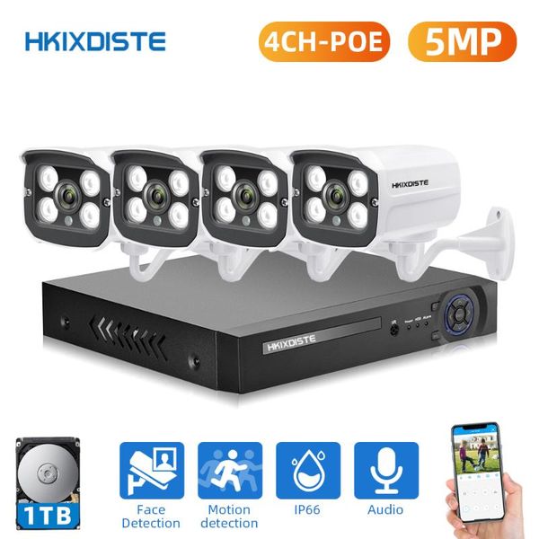 

h.265 4ch 5mp poe security camera system kit 4pcs hd ip outdoor waterproof cctv video surveillance audio nvr 2tb wireless kits