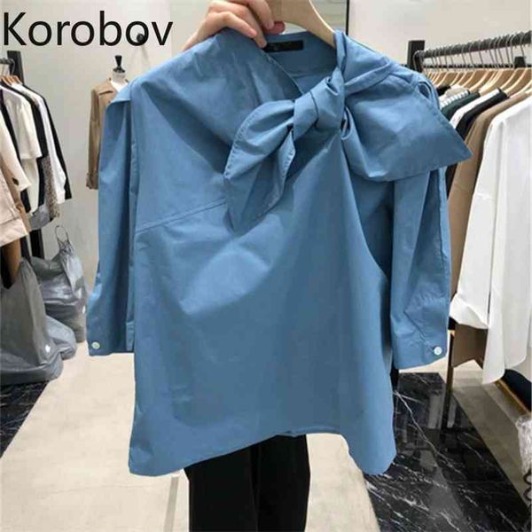 

korobov korean lace up bow collar pullover long sleeve blouse spring new solid loose blusas 3 colors shirt 210430, White