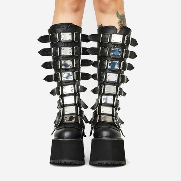 

boots women's 2021 punk brand ins high heel wedges platform round toe zip women shoes fashion long big size, Black