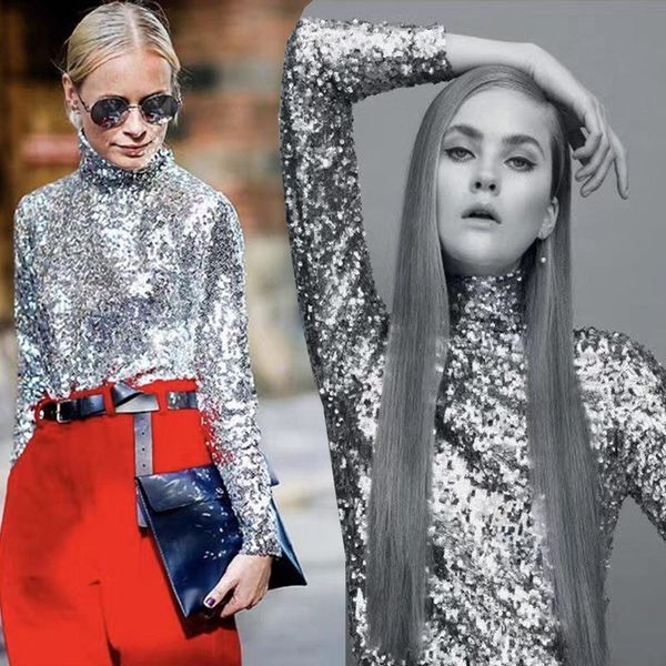 

young women shirts girl chic stand collar petal sleeve sequin long sleeved womens and blouses design turtleneck glittery streetwear, White