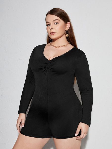 

plus ruched detail unitard romper a9si#, Black